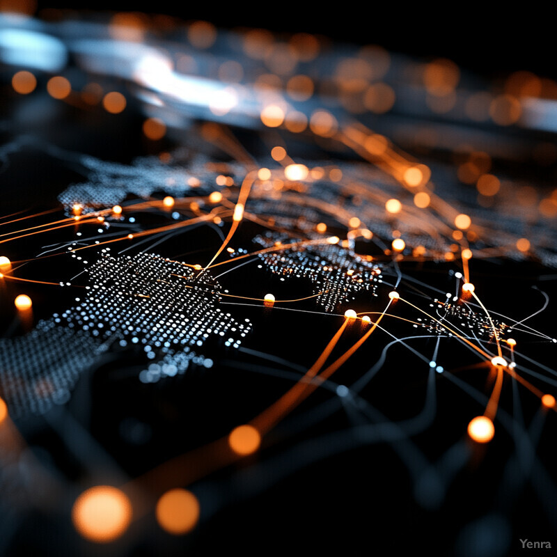 A complex network of interconnected nodes and lines in an abstract digital landscape.