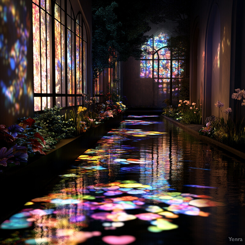 A serene and elegant hallway with stained glass panels and lush plants.