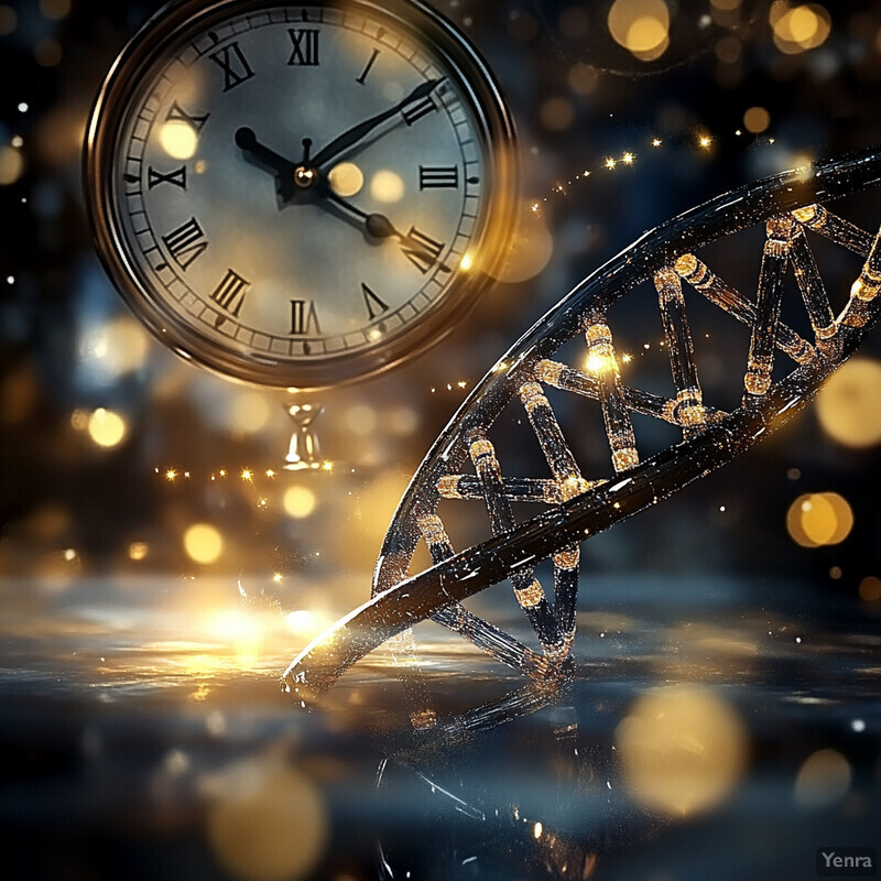 A DNA strand is depicted in front of two clocks, symbolizing the connection between genetics and time.