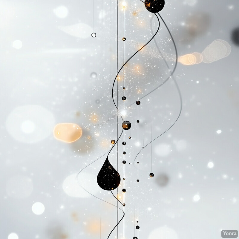 An abstract composition featuring black and white shapes with gold accents against a light gray background.