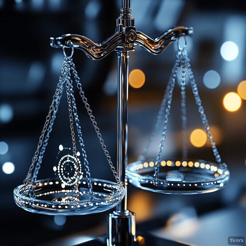 A pair of silver scales with two glass plates suspended from chains in a blurred room or office setting.