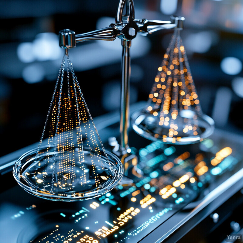 A close-up view of two metal scales with glowing decorations on a reflective surface.