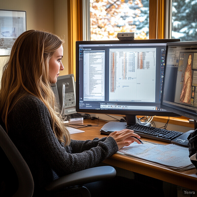 A woman is sitting at her desk in front of two computer monitors and a keyboard, working on a project or task.