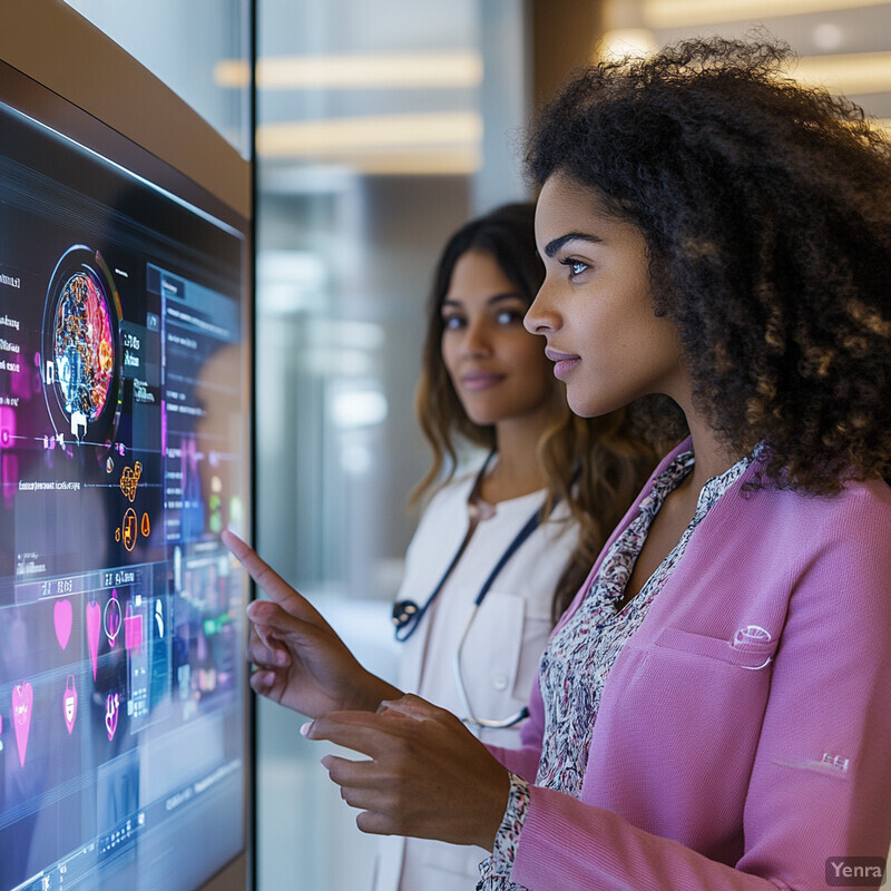 Two women, likely healthcare professionals, discuss data on a large screen in a hospital or medical facility.