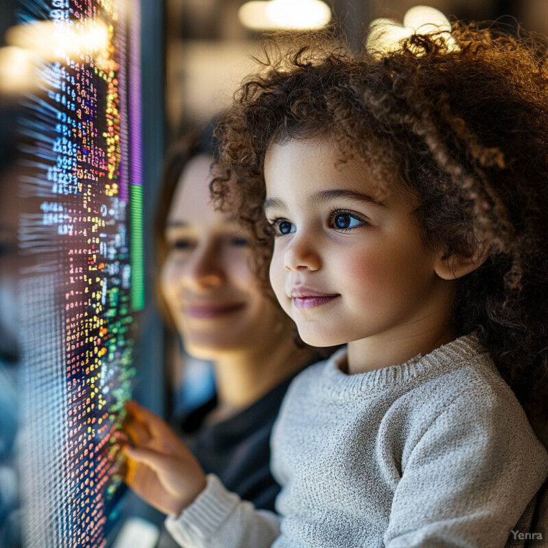 A young child and an adult are standing in front of a screen displaying code or data structure.