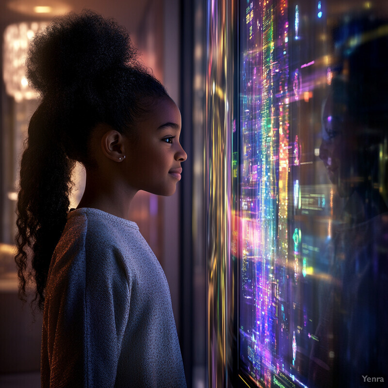 A young girl stands in front of a large screen displaying a vibrant digital cityscape.