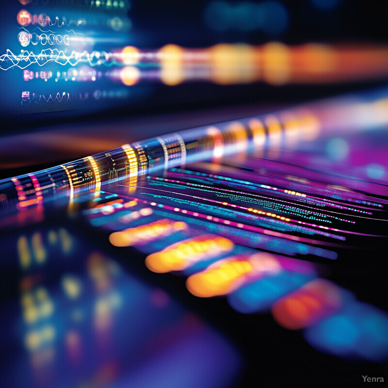 A vibrant and dynamic visual representation of data analysis, with multiple lines of colorful code or graphs intersecting each other.