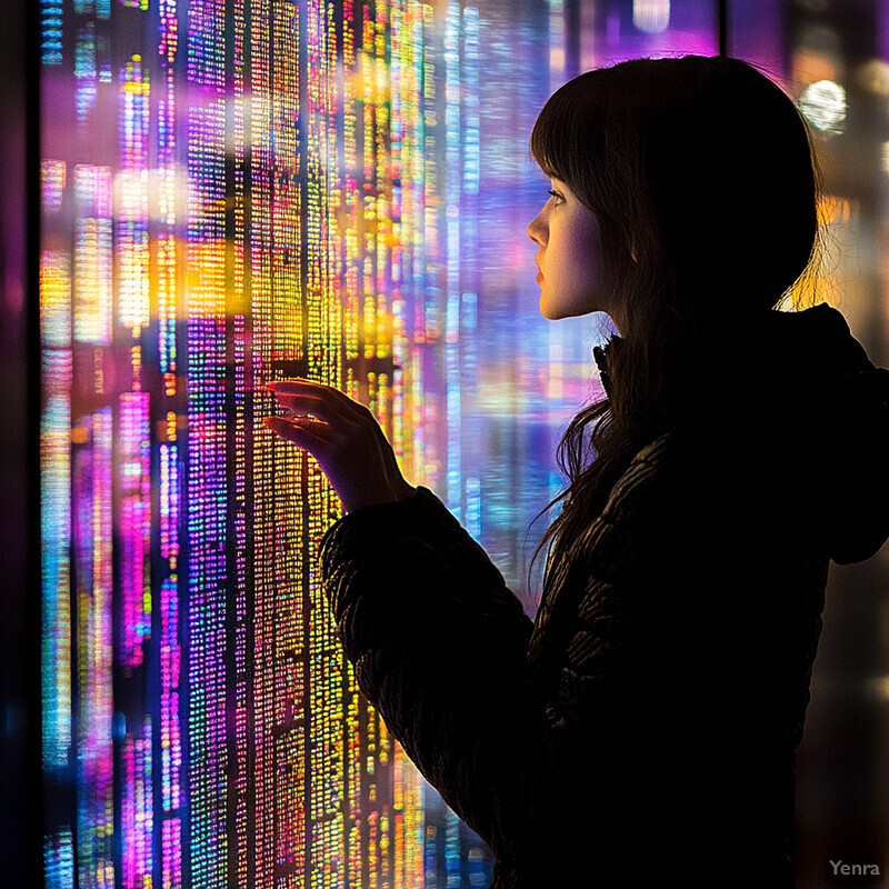 The image depicts a woman in front of a large screen displaying colorful lights.