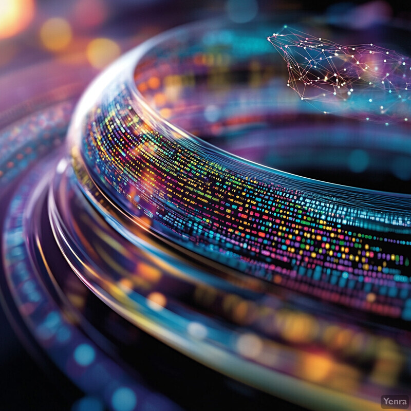 A complex and intricate visual representation of data, with a dominant color palette of purple, orange, and yellow.