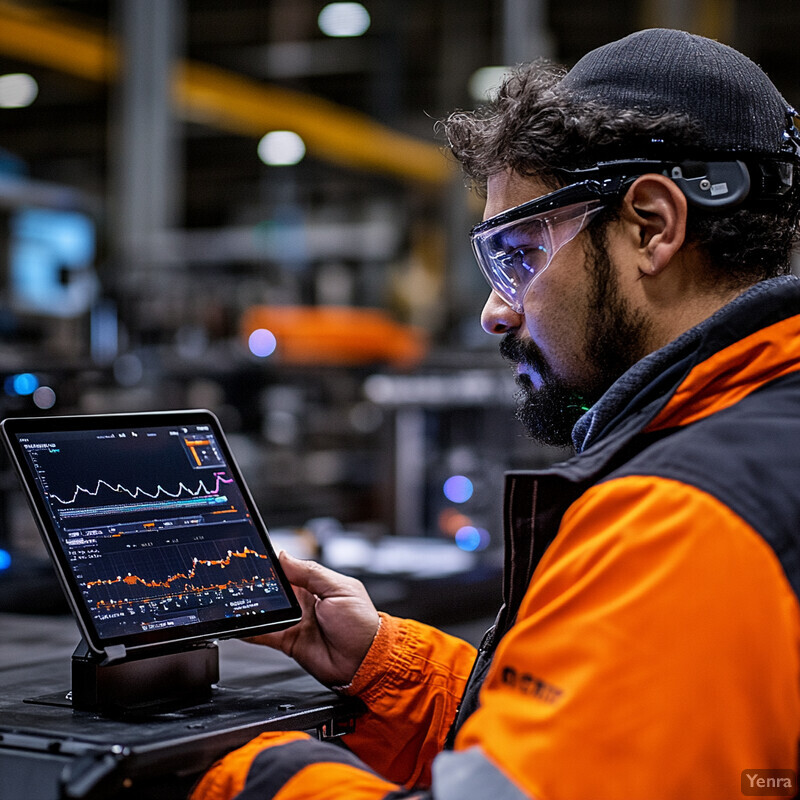 A person in safety gear is using a tablet to monitor the manufacturing process.