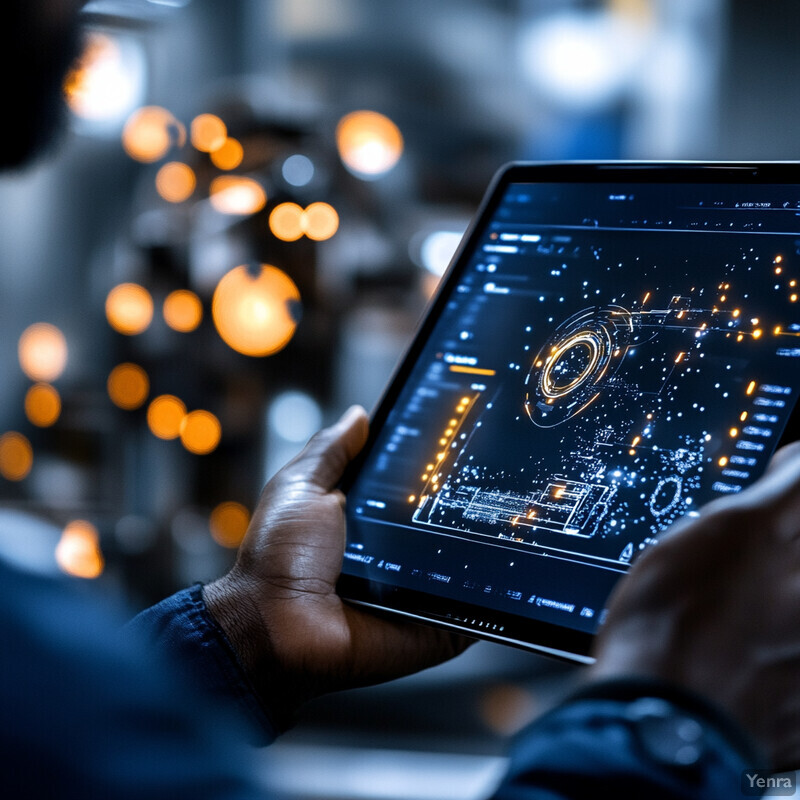 A person holding a tablet with a futuristic-looking screen in an industrial setting.