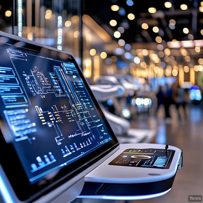 A high-tech control panel with two screens displaying graphs and charts.