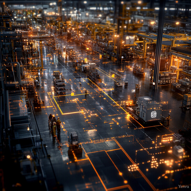 The image shows an industrial setting with rows of machines and equipment in a dimly lit room.