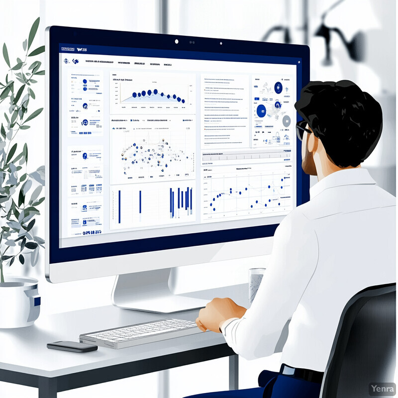 A man is seated at a desk in front of a computer monitor displaying charts and graphs.