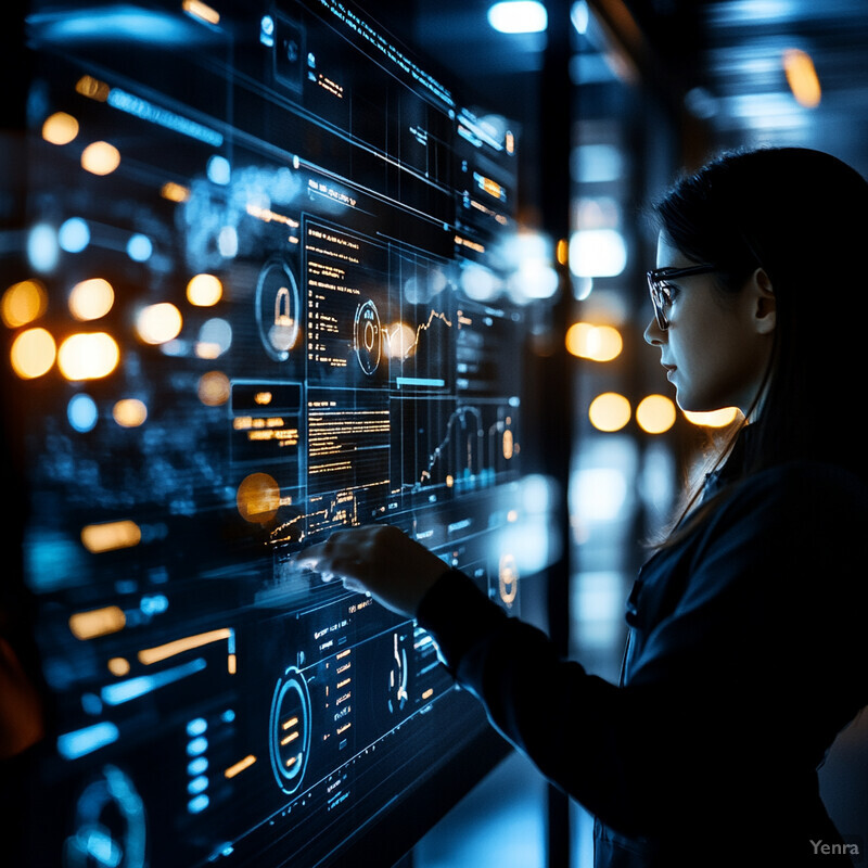 A woman is analyzing data on a large screen in an office setting.