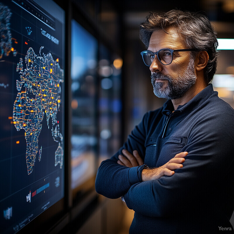 A man stands in front of a large screen displaying a world map with colored dots and lines.