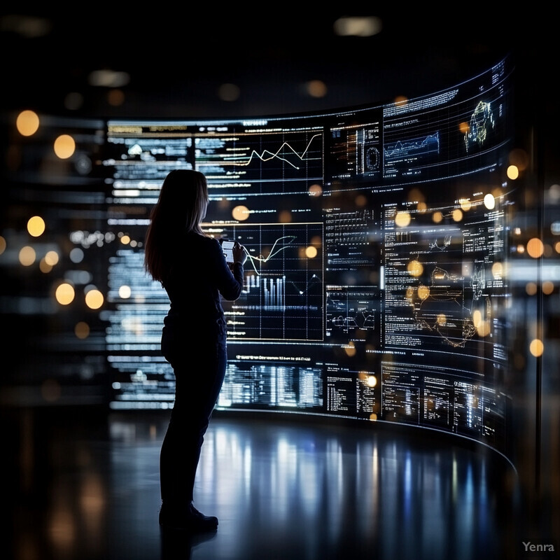 A woman stands in front of a large screen displaying graphs and charts, possibly reviewing data or interacting with a decision support system for OHS managers.