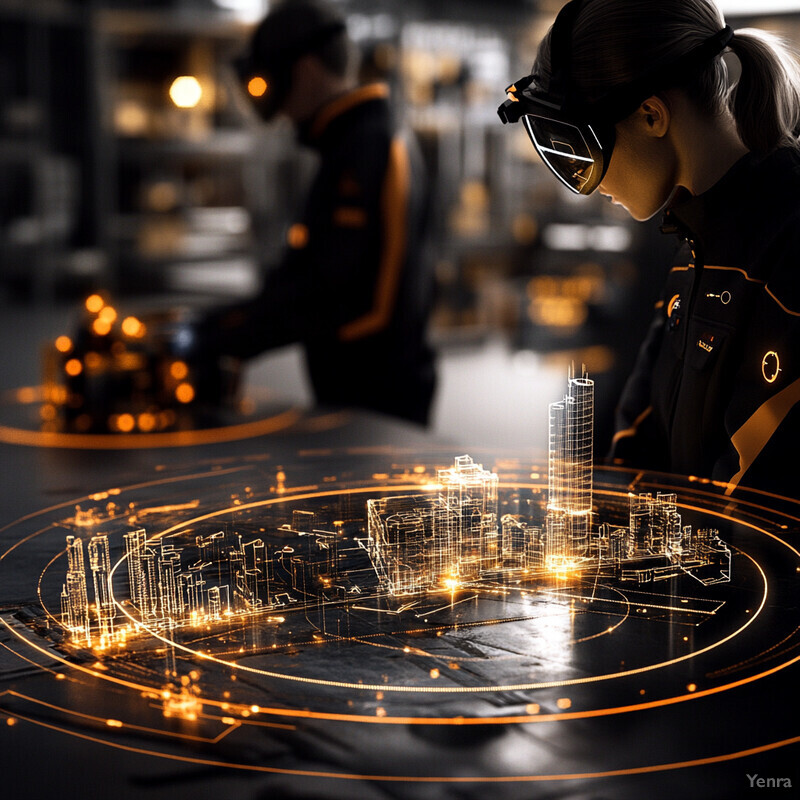 A futuristic cityscape with a woman wearing virtual reality goggles and standing amidst machinery.