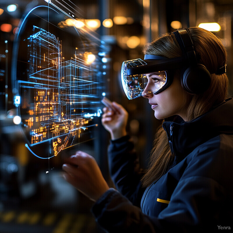 A woman wearing VR goggles and headphones examines a holographic display of a building's blueprint.