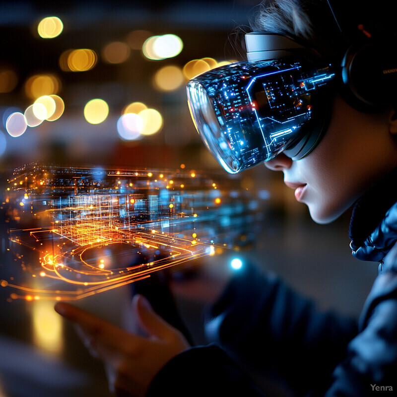 A person wearing VR goggles and holding a tablet in front of them, with a cityscape visible behind them.