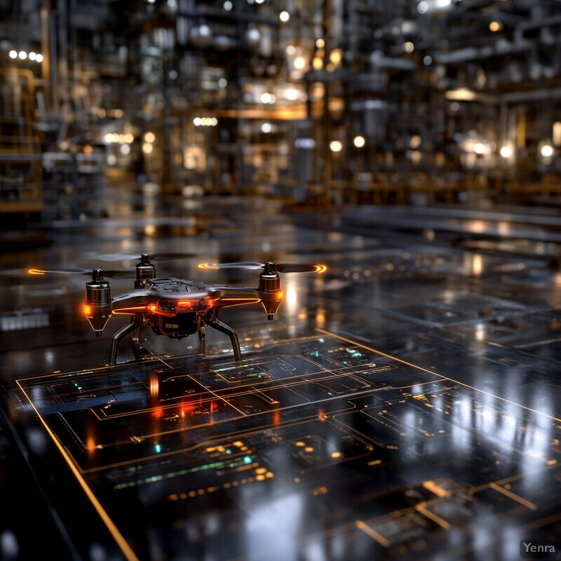 A drone hovers above a futuristic floor with a circuit board design.