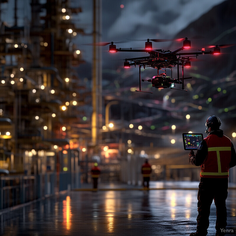 Two quadcopter drones fly above a man holding a tablet in an industrial setting at night.