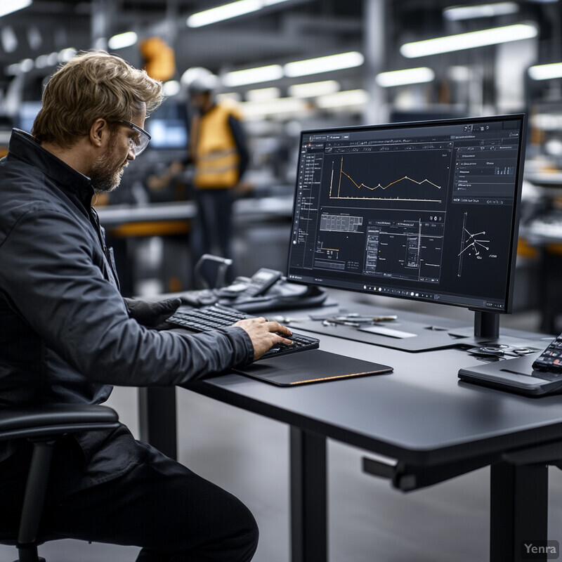 A man sits at a desk in an industrial setting, intently examining data on his computer monitor.