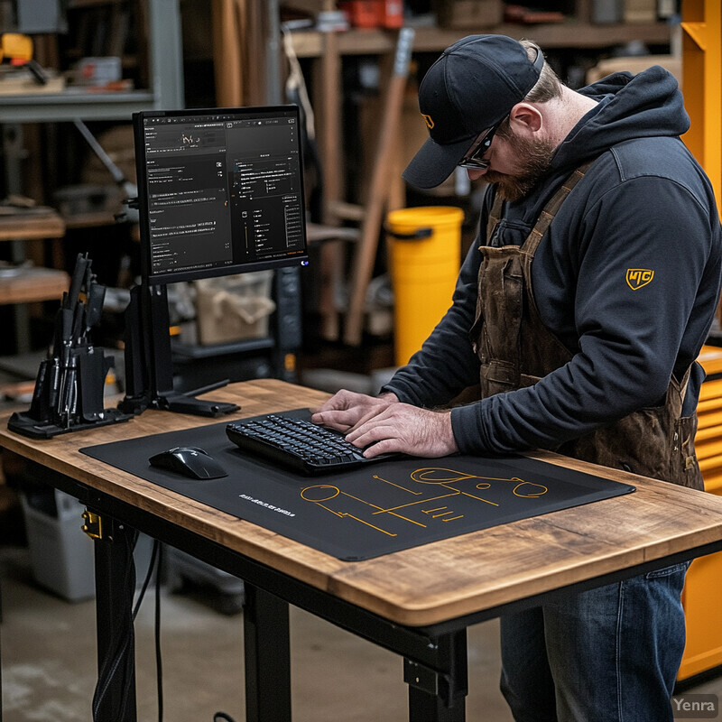 A man is working on a project in a workshop or garage, surrounded by various tools and equipment.