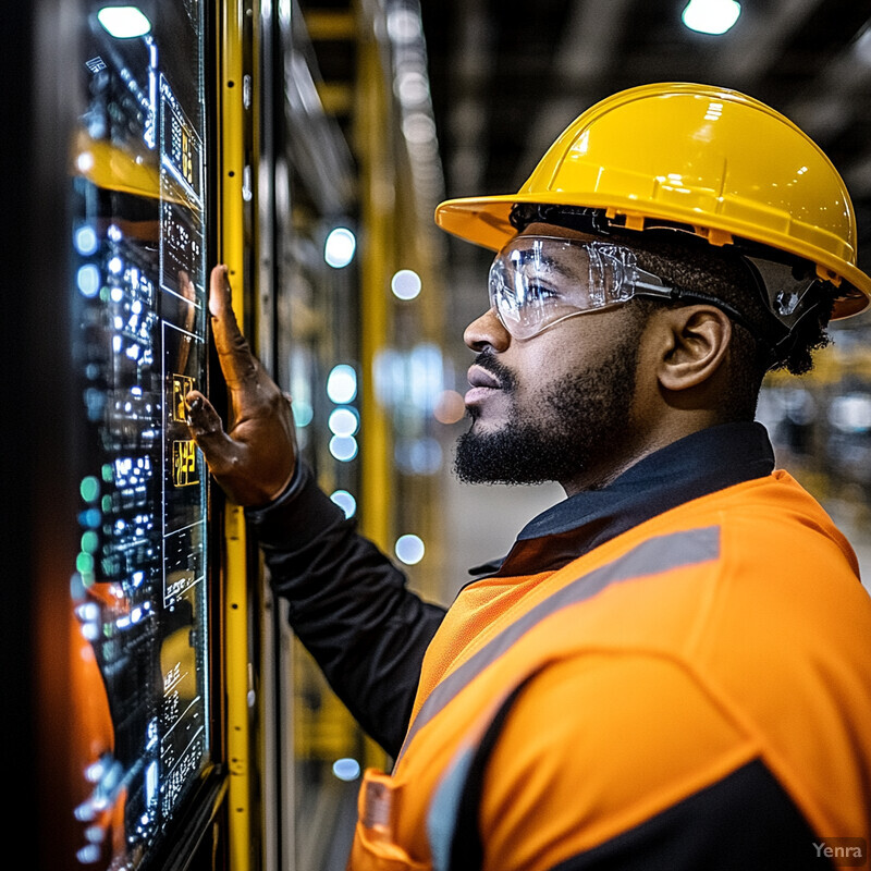 A man in a factory or warehouse examines an electronic board.