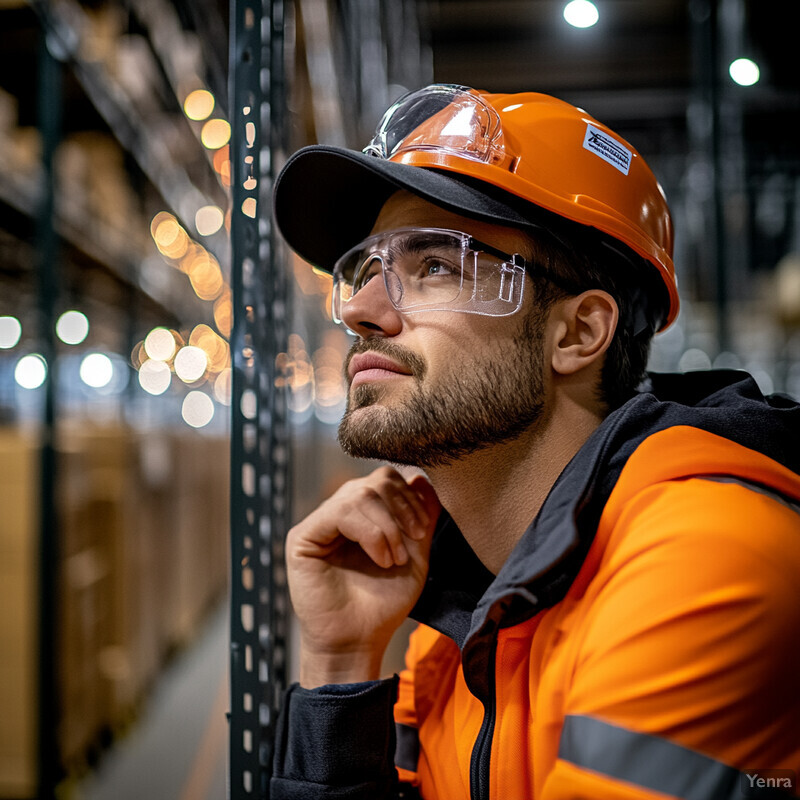 A man in an orange hard hat and safety glasses stands in a warehouse or factory setting, deep in thought.