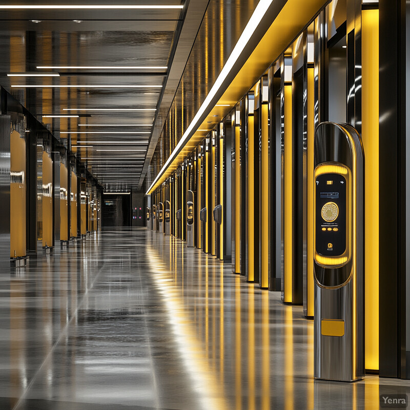 A modern building with a long hallway featuring yellow and black pillars, set against a gray concrete floor and ceiling.