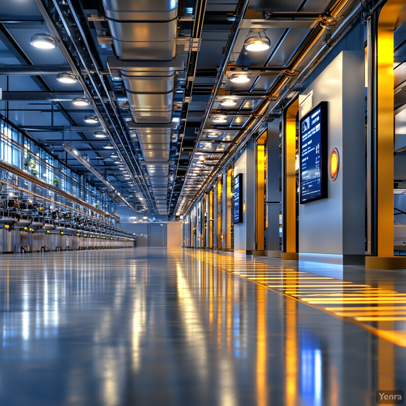 An industrial or commercial space with a polished concrete floor and exposed ductwork, possibly serving as a control room or monitoring center.