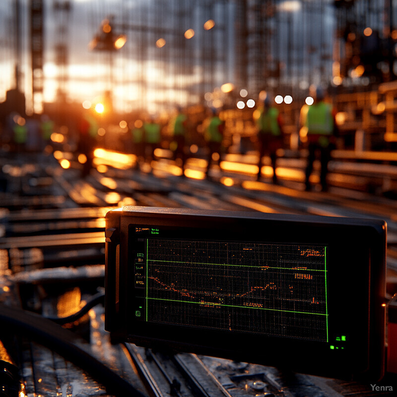 A construction site at sunset, featuring workers and a screen displaying a grid pattern.