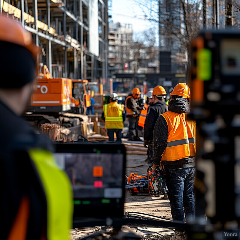 A group of workers in bright safety vests and hard hats are gathered on a construction site, with one person visible from the front holding what appears to be a two-way radio.