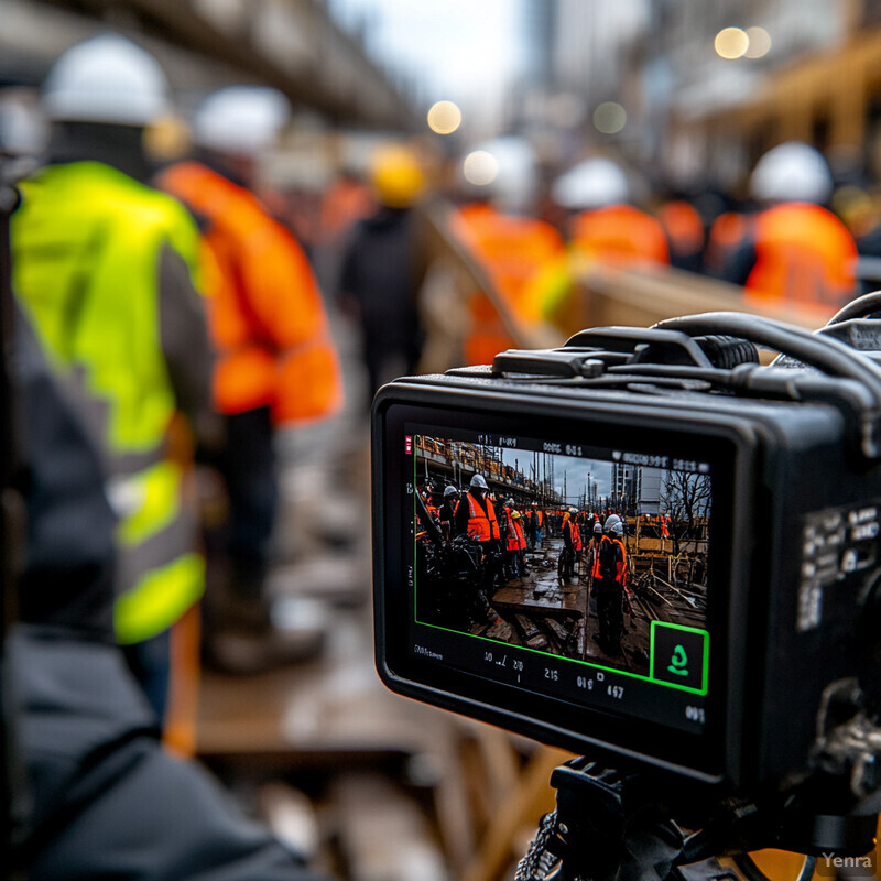 Construction site or industrial setting with workers in PPE being filmed by a camera.