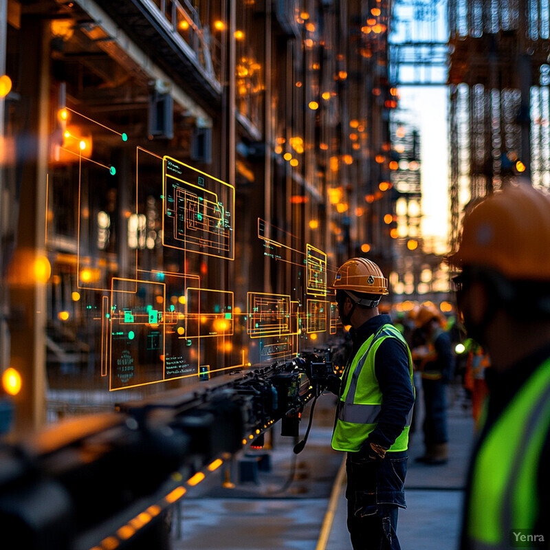 A group of construction workers in hard hats and high-visibility vests are engaged in various activities within an industrial setting.