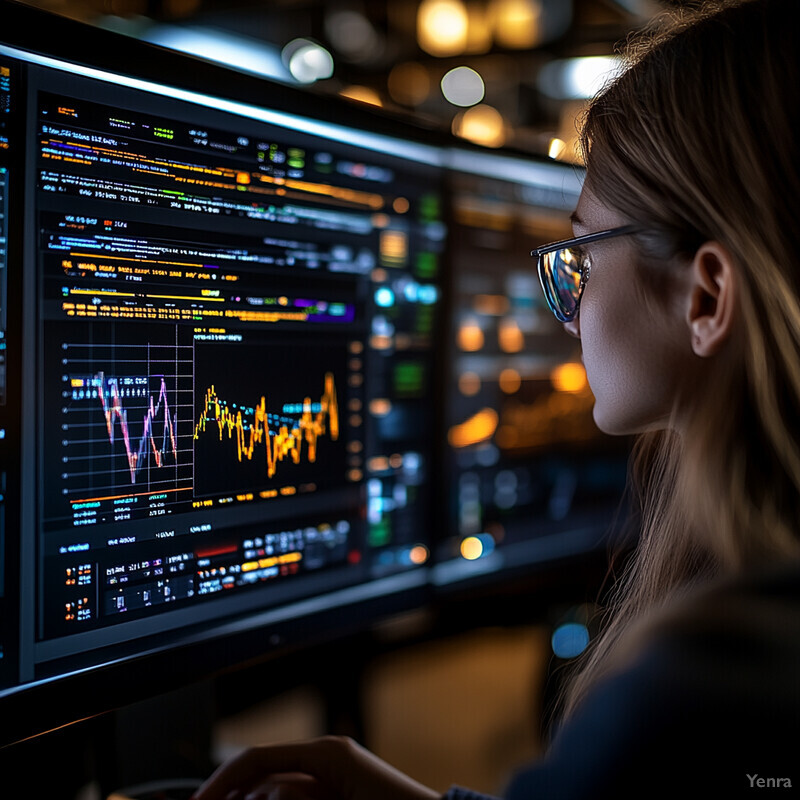 A woman is analyzing data on multiple computer screens to prevent incidents.