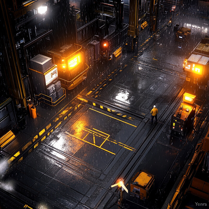 Futuristic industrial scene with yellow lights and rain.