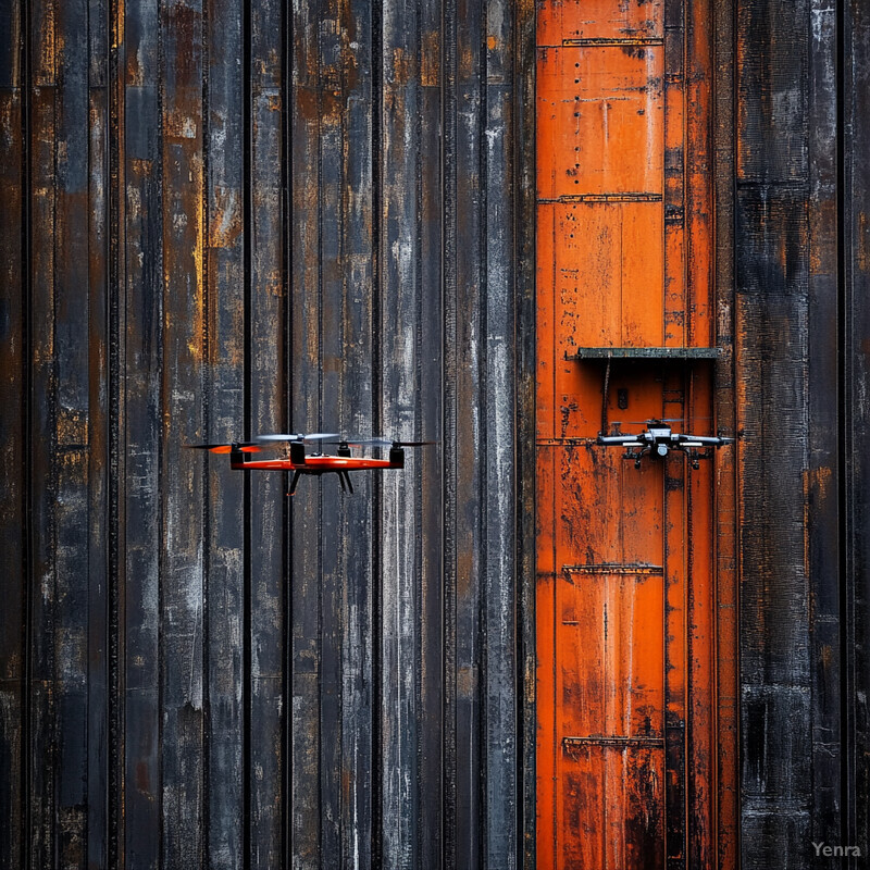 A drone hovers in front of an orange door with two small shelves attached to it, situated within a gray wall.