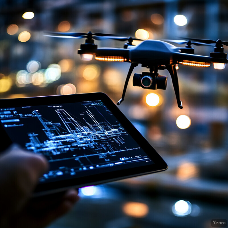 A drone is flying above a tablet displaying a blueprint or technical drawing, highlighting the capabilities of drones and AI in various fields.