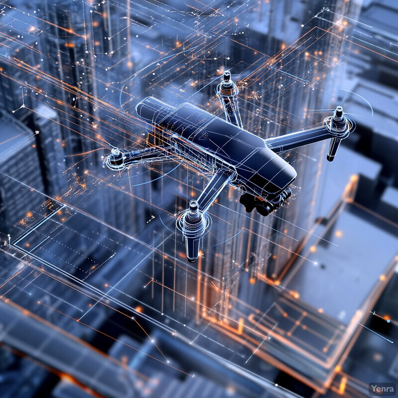 A drone flying over a cityscape at night, with sensors and cameras gathering data.