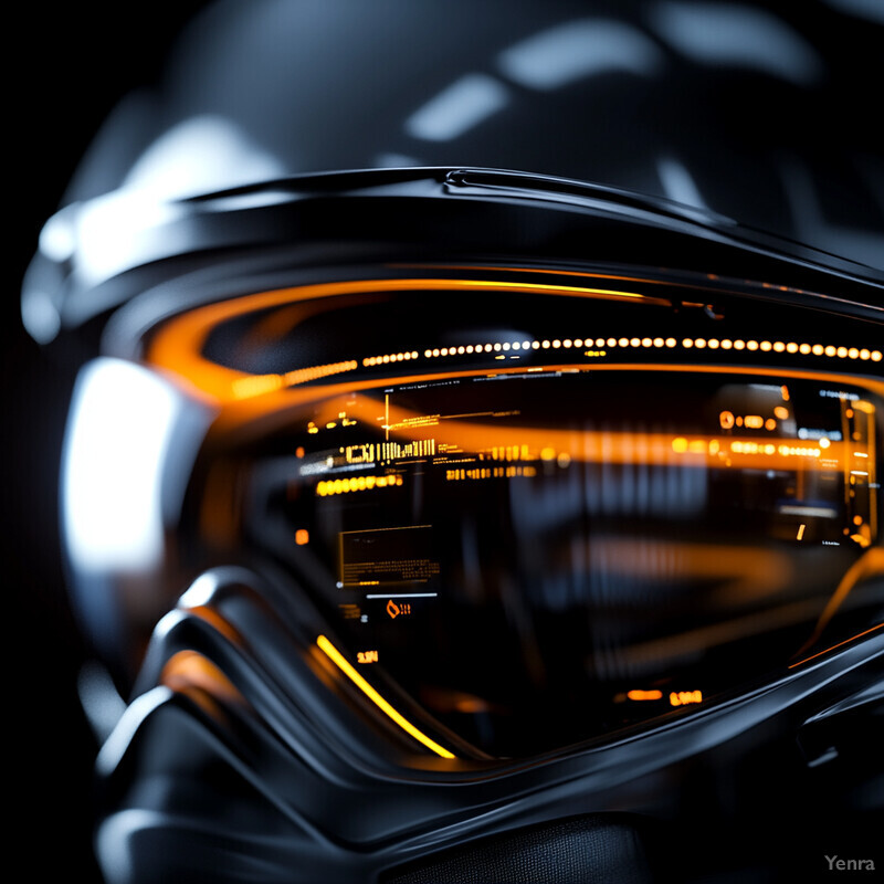 A futuristic-looking helmet with a transparent, orange-tinted visor and a silver-colored frame.