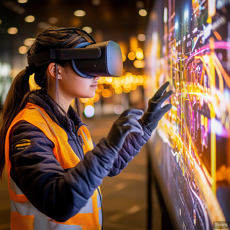 A woman is wearing a virtual reality headset and holding her hands up in front of her, with a blurred background suggesting an indoor setting.