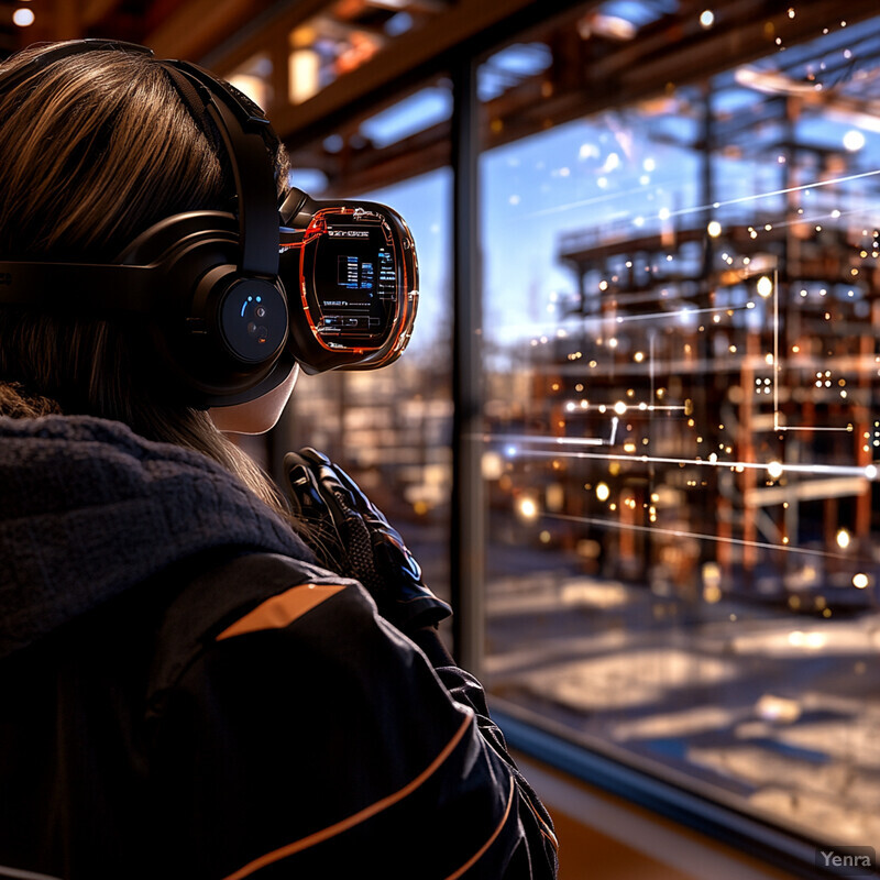 A woman wearing VR goggles and headphones looks out of a window in an industrial setting.