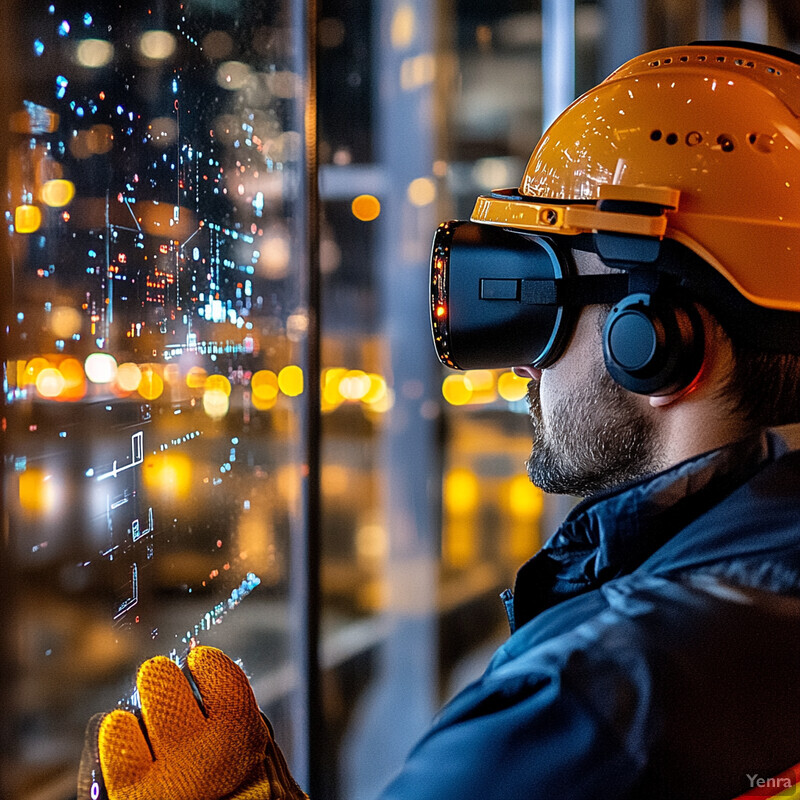 A man in a blue jacket with an orange stripe on the shoulder is wearing virtual reality (VR) goggles and standing in front of a large screen displaying various graphics and symbols.