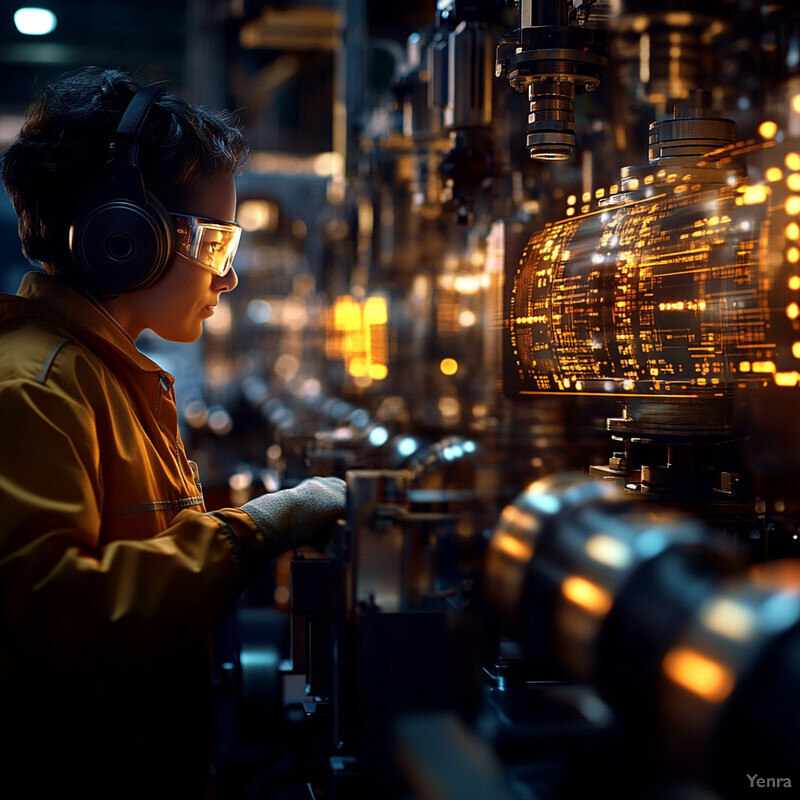 A person working in an industrial setting, likely engaged in manufacturing or assembly processes, wearing protective gear and surrounded by machinery.