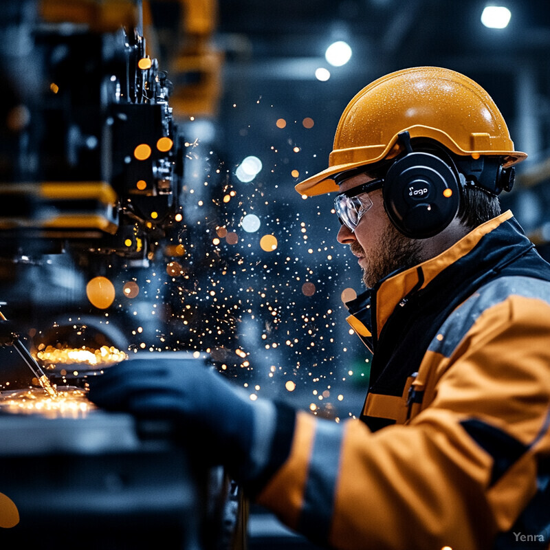 A worker in protective gear operates machinery that produces sparks in an industrial setting.