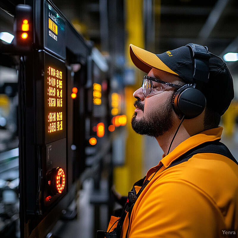 A man wearing safety gear stands in front of a machine with a digital display screen, likely in an industrial or warehouse setting.