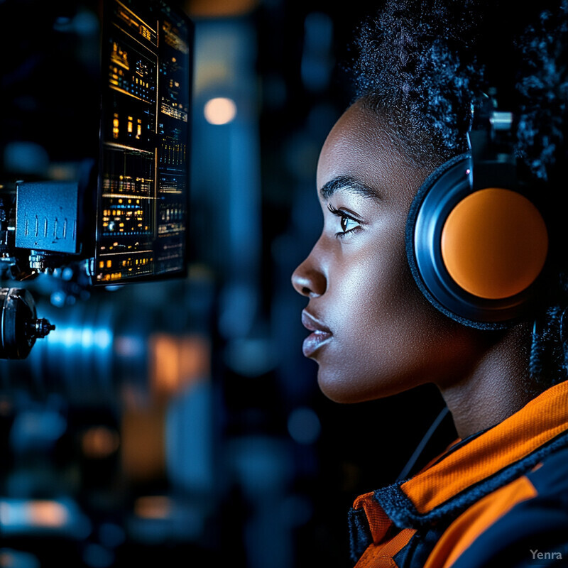 A woman with dark skin and curly hair is wearing headphones and intently looking at a screen with various buttons and lights.