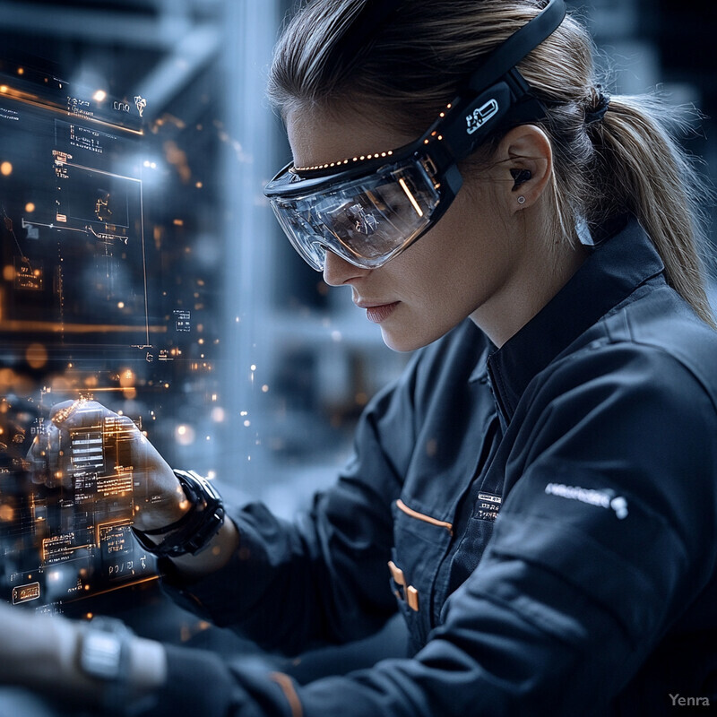 A woman in safety goggles and a dark blue jacket examines an object in her hand.